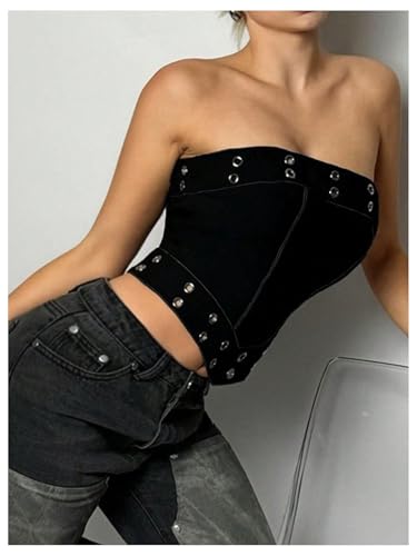 Floerns Women's Y2k Strapless Tube Tops Zip Back Hanky Hem Sleeveless Punk Crop Top2