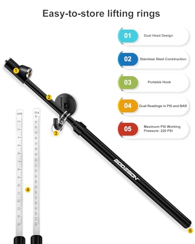 Image of GODESON Heavy Duty Tire Pressure Gauge, 13.5 inch Dual Head Semi Air Gauge 20-220PSI /2-15Bar for Car, Motor, RV & Truck, Stainless Steel, Accurate & Durable for Tire Pressure Check, Black Pencil Gauges
