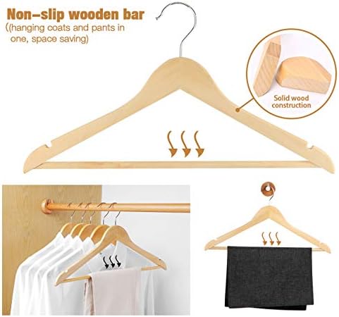 ilauke Wooden Coat Hangers, 32 Pack Hangers Wooden with Shoulder Notches, Round Trouser Bar, 360 Degree Swivel Hook, Natural Wooden Hangers for Adult Hangers Suits, Trousers, Shirts