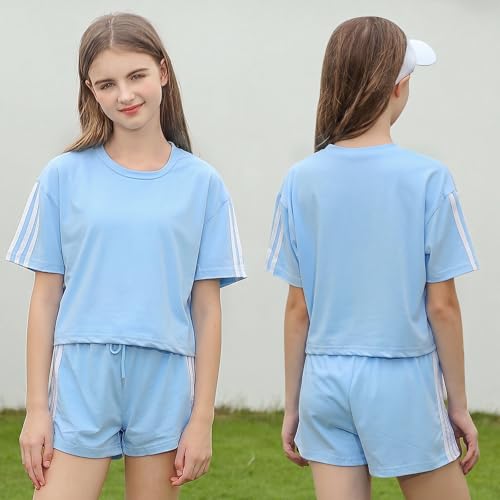 grehava Girls 2 Piece Outfits Short Sleeve Shirts and Shorts Set Girls Summer Outfits Kids Sports Tracksuit Clothing Sets Blue 14Y — view 2