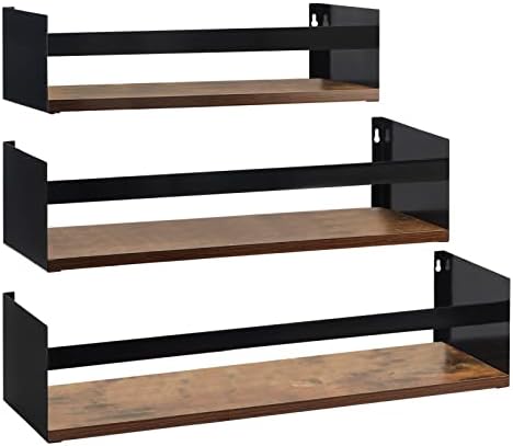 Giftgarden Black Iron Wood Floating Shelves for Wall Plus Sizes 24”, 20”, 16”, Chunky Rustic Wall Shelf Storage Organizer with Bar Bracket for Bathroom Kitchen Bedroom Book Living Room, 3 Pack
