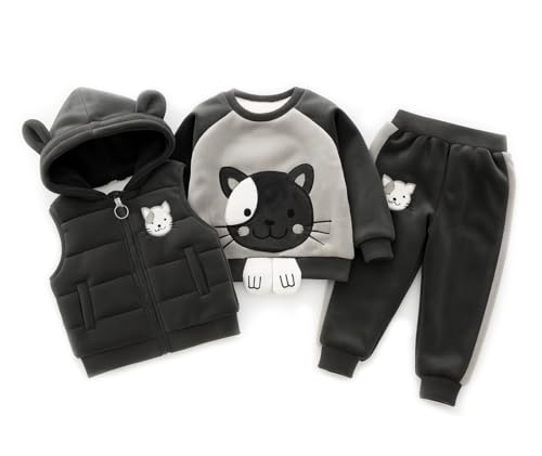 Image of Bold N Elegant Unisex Kids Fur Printed 3D Reindeer Cartoon Thick Winter Warm T-Shirt Pant With Hood Jacket 3 Pc Clothing Set