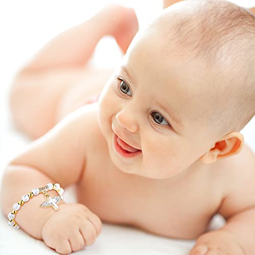 30 Pieces Angel Wing Cross Rosary Bracelets White Gold Cross Charms With Angel Wing Acrylic Baptism Beaded Bracelets For Women Girls Boy Baptism Favors Communion Favors Weddings Party Favors #TOP4