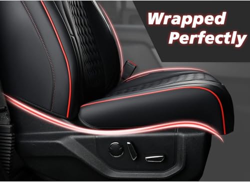 Image of Coverado Front Seat Covers for Ford F150 2015-2026, F250 F350 F450 2017-2026 SuperCrew Crew Cab, Red and Black Leather Car Seat Covers, Full Coverage
