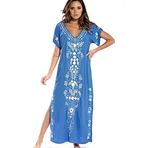 Lazz1on Damen Kaftan Strandkleid Pareo Elegante Maxikleid Strandponcho Lose Smock Sommer Bikini Coverups (Blau)