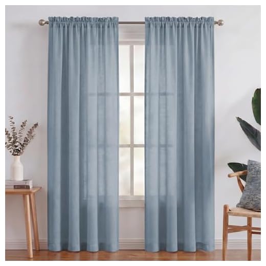 Turquoize Rod Pocket Privacy Window Treatment Panels Natural Linen Blended Sheer Curtains 84 Long Semi Sheer Curtains for Living Room Linen Textured Drapes for Bedroom, Set of 2 Panels, Denim