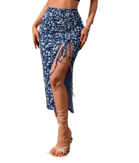 jinjin fashion Women's Floral Print Ruched Drawstring Side Slit Midi Skirt-picture-46