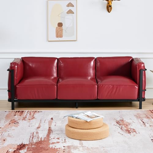 Image of 2 Piece Living Room Sofa set, Mid-Century Modern Upholstered Couch Chair Faux Leather Sofa Couch with Iron Frame and Upholstered Armrest Backrest Cushion for Living Room, Office, Apartment (Burgundy)
