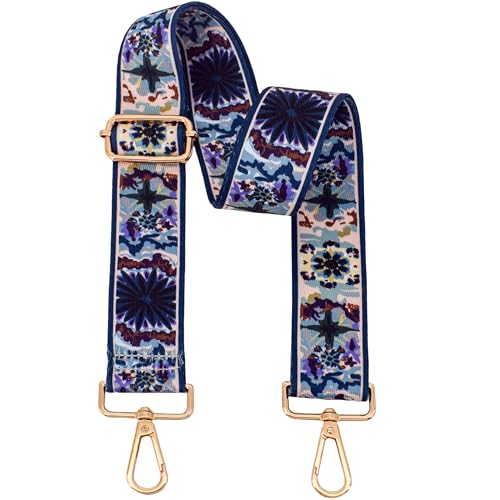 Image of Replacement Purse Strap Shoulder Strap Adjustable Crossbody Strap for Women Crossbody Wide Shoulder Bag, Blue Flowers-gold Hardware, 1.5 inches (width)