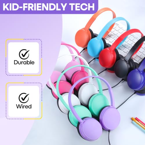 Classroom Headphones Bulk 40 Pack, Wired Heavy Duty On-Ear Headsets for K-12 Kids Students, 3.5mm Jack for Chromebook, Laptop, Computer, Library, Group Learning & Testing - Assorted Bright Colors - Image 6