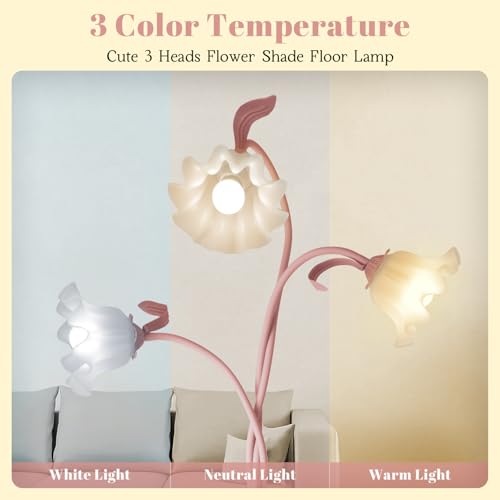 Image of Flower Standing Lamp for Bedroom, Cute Corner Floor Lamp with Flexible Gooseneck, 3 Light Floor Reading Lamp with 3 Color Temperatures, Bulbs Included, Tall Floor Lamp for Living Room Corner(Pink)