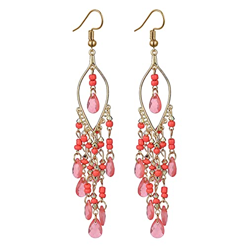 Long Beaded Tassel Earrings Bohemia Native Tassel Drop Earrings Handmade Seed Bead Tribal Dangle Earrings Boho Multicolor Crystal Beaded Tassel Earrings for Women (Red)