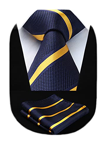 Image of HISDERN Stripe Tie Mens Ties with Pocket Square Set Classic 3.4'' Silk Formal Necktie Handkerchief for Business Wedding
