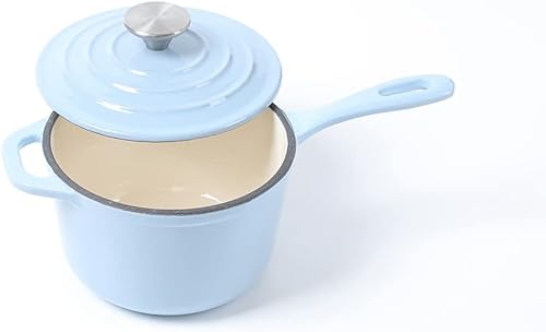 Miniatura 4 de HAWOK Mini cacerola de hierro fundido esmaltado, diámetro de 5.5 pulgadas, cacerola de 1 cuarto con tapa y mango largo, color azul