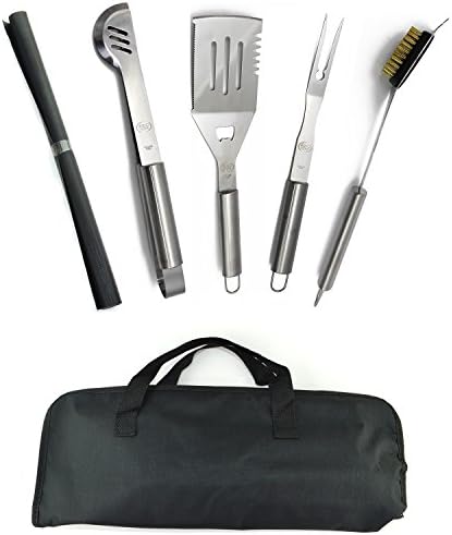 New Stainless Steel BBQ Grill Tools Set - 5 Piece Grilling Tool Accessories Barbecue Kit W/ Carry Bag and Silicone BBQ Mat
