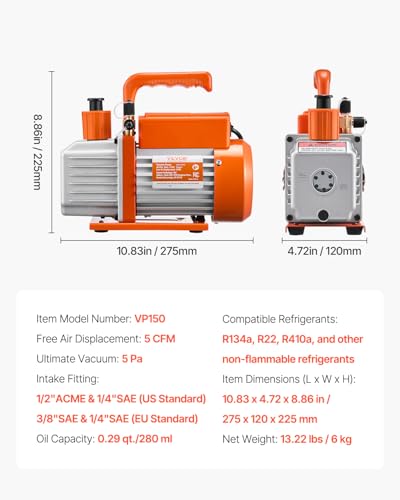 Image of VEVOR Vacuum Pump, 5 CFM, HVAC Single Stage Rotary Vane Vacuum Pump, for R134a R22 R410a Systems, Auto AC Vacuum Pump Kit with Oil Bottle, for Automotive Air Conditioner Maintenance Resin Degassing
