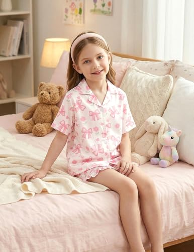 Image of Arshiner Girls Pajamas Silk Satin Pajama Set Button Pjs Ruffle Sleepwear | 2 Piece Nightwear, Silky Soft Lounge for Little & Big Kids, Ideal for Sleeping and Sleepover Party