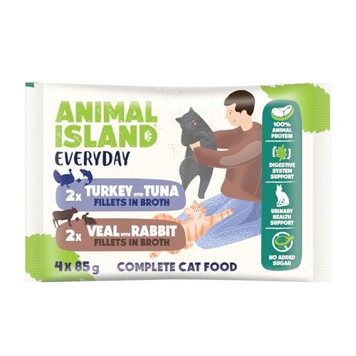 Animal Island Karma Mokra dla Kota Dorosłego Pełnoporcjowa Kawałki w Rosole 2x Cielęcina z Królikiem 2x Indyk z Tuńczykiem bez Zbóż, 4 x 85g