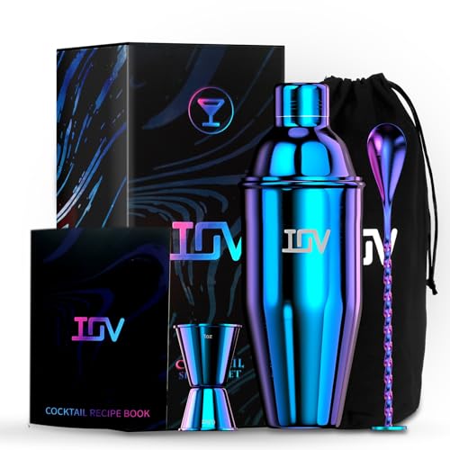 IOV Cocktail Shaker Bar Set, 24oz Martini Shaker with Built-in Strainer, Bar Tool Kit with Recipes Booklet, Professional Stainless Steel Large Bartender Drink Shaker Margarita Alcohol Mixer-Rainbow by IOV - Used condition - US$24.55