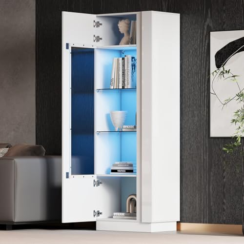 EURHCIO Buffet Salon Hauts 60x40x180cm,Vitrine Brillante,Meuble de Rangement,Meuble Cuisine avec éclairage LED Réglable,Étagères en Verre à 3 Niveaux,pour...