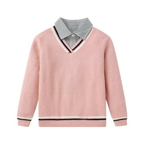 Image of LittleSpring 2-Piece Kids V-Neck Sweater and Long Sleeve Button Down Striped Shirt Set
