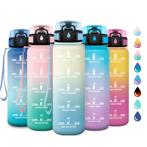 Bouteille d'eau 1L, Bouteille d'eau de Motivation avec Marqueur de Temps, Étanche et Réutilisable, Gourde avec Filtre sans BPA, Bouteille Réutilisable pour l'école, Sport, Bureau, Yoga, Camping