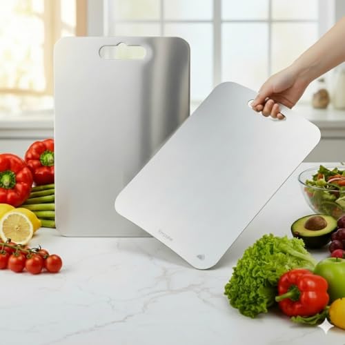 Image of Pack of 2-304 Stainless Steel Rectangular Chopping Board 36 x 25 cm + 31 x 21 cm Chopping Board wih Rubber Skid & 2 Straw | Reversible | for Cutting Vegetable, Meat, Fruits | Combo Pack