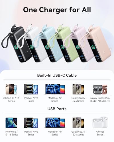 INIU 3-in-1 Portable Charger, Small 10000mah 30W Fast Charging Power Bank with Built-in USB C Cable and Foldable AC Plug, Flight Family Travel Essentials for College Students Teen Boys Girls, Green - Image 3
