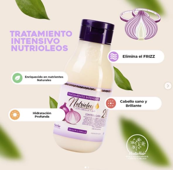 Miniatura 9 de Paquete de 2 Champú de Cebolla 18.6 fl oz + Tratamiento Natural con Cebolla, Jengibre y Ajo Nutrióleos 18.6 fl oz  Extractos 20 en 1 de Menta Hair