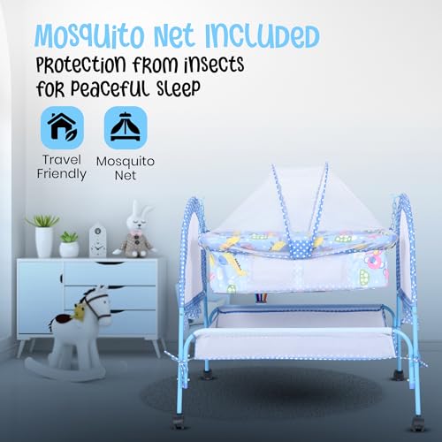 Image of FLIPZON Baby Cradle with Mosquito Net & Lockable Wheels | Foldable Baby Jhula /Palna with Storage Basket & Soft Mattress | Portable Newborn Baby Bed Crib for Infants (Blue)