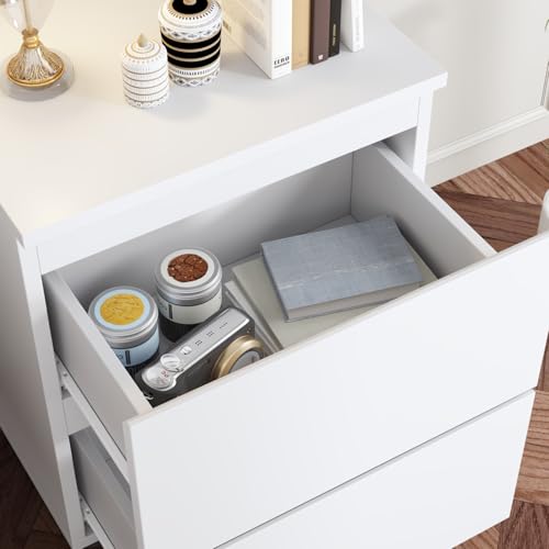 Image of Modern Nightstand with 2 Drawers, Modern Handleless Bedside Table for Small Spaces, Compact Wood End Table for Bedroom, White 15.7 inch W x 11.6 inch D x 18.9 inch H