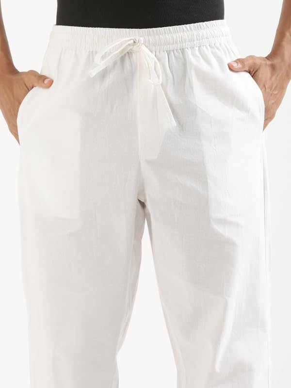 Image of SAADAA Men's 100% Cotton Pants | Mid-Rise Straight Fit Casual Trousers with Elastic Waistband and 3 Pockets | Everyday Wear