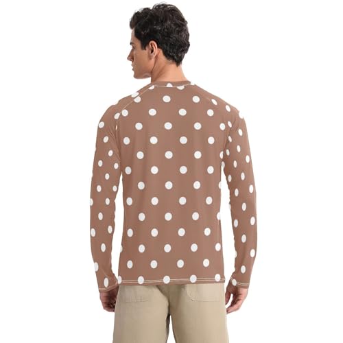 Polka Dots Brown Mid Century Modern Men's Rash Guard Classic Crew Neck Long Sleeve Sun Shirt for Men Long Sleeve Hiking2