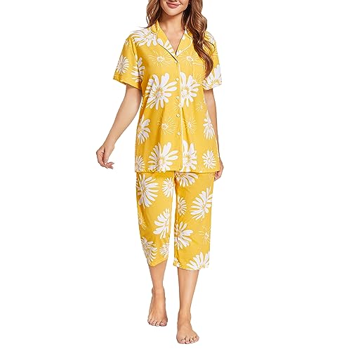 Image of Tugege Capri Pajamas Set Womens Button Down Short Sleeve Lounge Sets Sleepwear Notch Collar Top & Capri 2 Piece PJ Sets