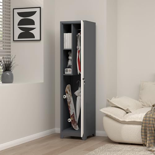 Image of Metal Broom Storage Cabinets, Narrow Cabinet with Hooks, 65 inch Slim Bathroom Storage Cabinet with Shelves, Heavy-Duty Cleaning Cabinets for Utility Room, Gym, Office, Garage