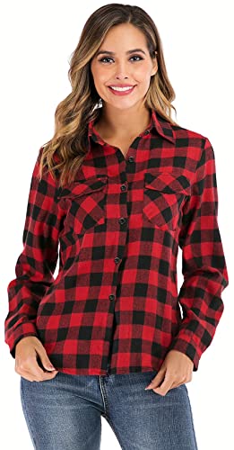 Yukiuiny Damen Karierte Hemdbluse 100% Baumwolle Flanellhemd Lässiges Langarm Holzfällerhemd Oktoberfest Karobluse,Rot,M Cover