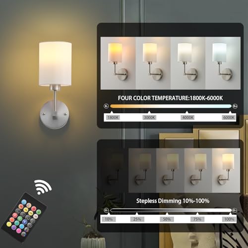 Image of Battery Operated Wall Sconce Set of Two,Wireless Rechargeable Wall Light With Remote Control, Dimmable, 1800K /3000K /4000K /6000K /RGB, Timer, for Living Room, Bedroom, Fireplace, TV, 13.5 Inch, Nickel