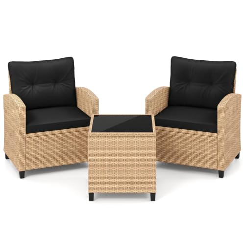 Image of Tangkula 3 Pieces Patio Furniture Set, PE Rattan Wicker 3 Pcs Outdoor Sofa Set w /Washable Cushion and Tempered Glass Tabletop, Conversation Furniture for Garden Poolside Balcony