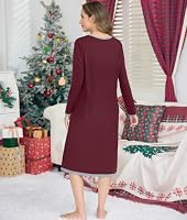 Sopesil Nachthemd Damen Lang Sleepwear Langarm Sleepshirt Weinrot S – Ansicht 5