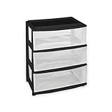 HOMZ Plastic 3 Drawer Wide Cart, Black Frame, Clear Drawers, 4 Casters included, Set of 1