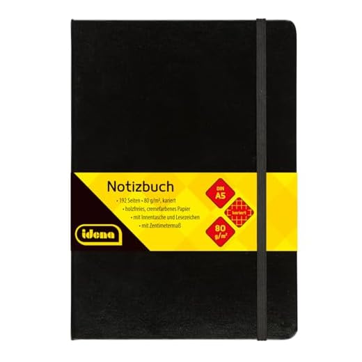 Idena 209281 - Cuaderno DIN A5, cuadriculado, papel crema, 192 páginas, 80 g/m², tapa dura en negro, 1 ud.