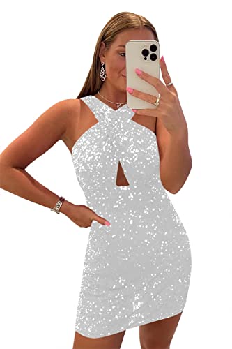 Qqcute Sparkly Sequin Short Prom Dresses Halter Homecoming Dresses For Teens Cocktail Bodycon Mini Graduation Dress(Us4) White #TOP22