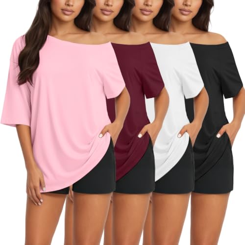 Siimcuzy 4 Pack Off the Shoulder Tops Oversized Summer Tshirts for Women