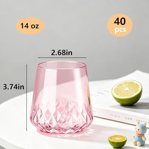 Image of Lueumxc 40 Pack Pink Plastic Wine Glasses, 14Oz Rhombus Disposable Wine Glasses Unbreakable Clear Plastic Cocktail Glasses Recyclable Shatterproof Reusable Wine Cups