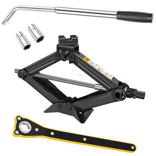 2 Ton Heavy Duty Scissor Jack with Labor-Saving handle + Telescoping Car Wheel Lug Wrench with 2 Double Ended Chrome Vanadium Sockets (17/19MM) (21/23MM), Car Tire Change Kit