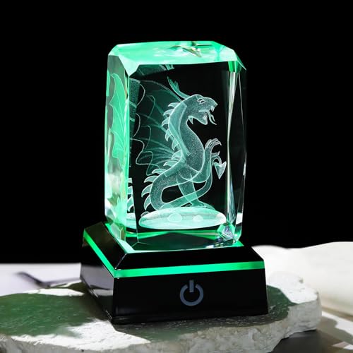 Image of Ornalrist Crystal 3D Laser Engraved Gothic Dragon Figurines with Colorful LED Light Stand, Dragon Statue Collectible Ornament Gifts for Women