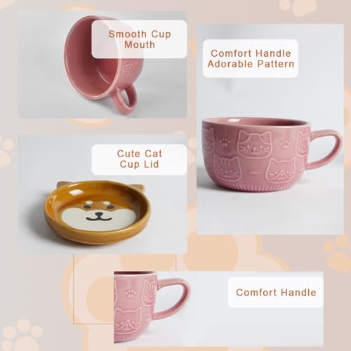 HOTUT Cute Kawaii Pink Cat Coffee Mugs with Lids, Cute Animal Coffee Tea Cup Saucer Set, Kawaii Ceramic Mugs with Biscuit Holder and Spoon, Funny Novelty Cat Breakfast Mugs for Girls Friend Kids Wife - Image 4