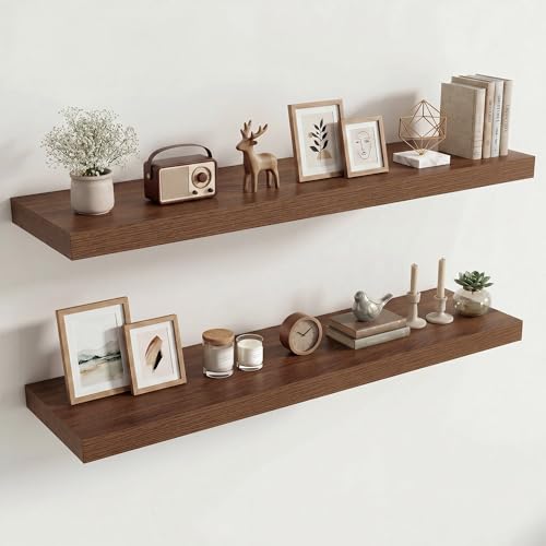Vivelove 48x12x2 Inch Floating Shelves for Display, Wall Shelves with Invisible Brackets for Living Room, Bedroom, Kitchen, Bathroom Shelves Over Toilet Farmhouse Home Decor - Set of 2, Walnut by Vivelove - Used condition - CA$138.22