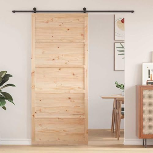 Gecheer Scheunentür Natur 90 x 208 cm Massivholz Kiefer, Holztüren Schiebetürsystem Komplettset für Massivholz-Türen Scheune Lager Loft Wohnzimmer