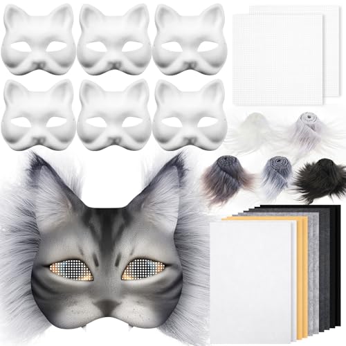 Seenelling 19 Pcs DIY Therian Mask Kit Blank Cat Mask with Felt Fabric Sheet Plush Faux Fur Eye Mesh for Therian Gear Stuff (Grey Series)
